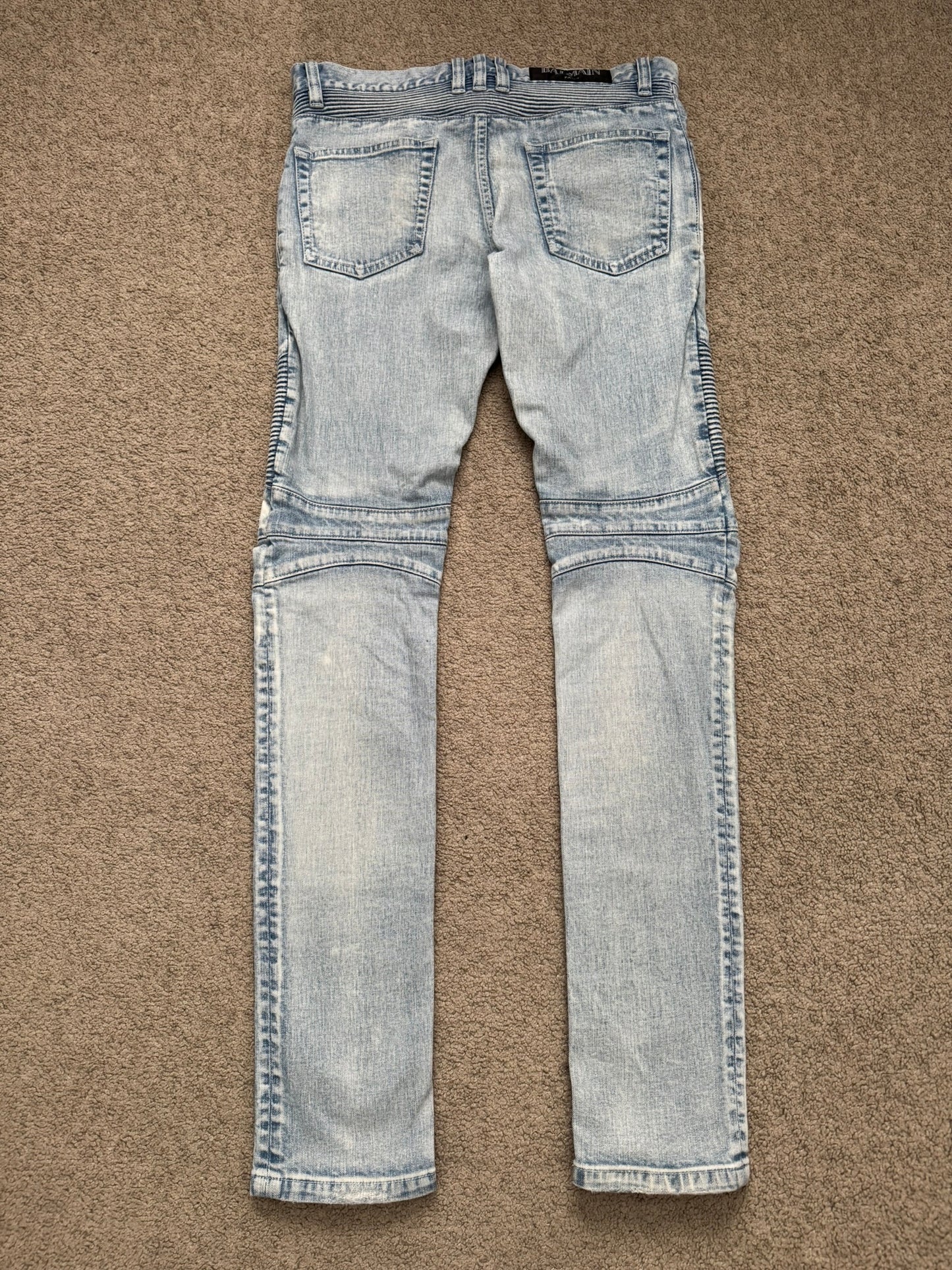 Balmain by Olivier Rousteing Ice Blue Zip Biker Denim Jeans