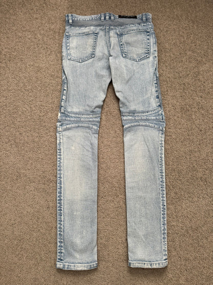 Balmain by Olivier Rousteing Ice Blue Zip Biker Denim Jeans