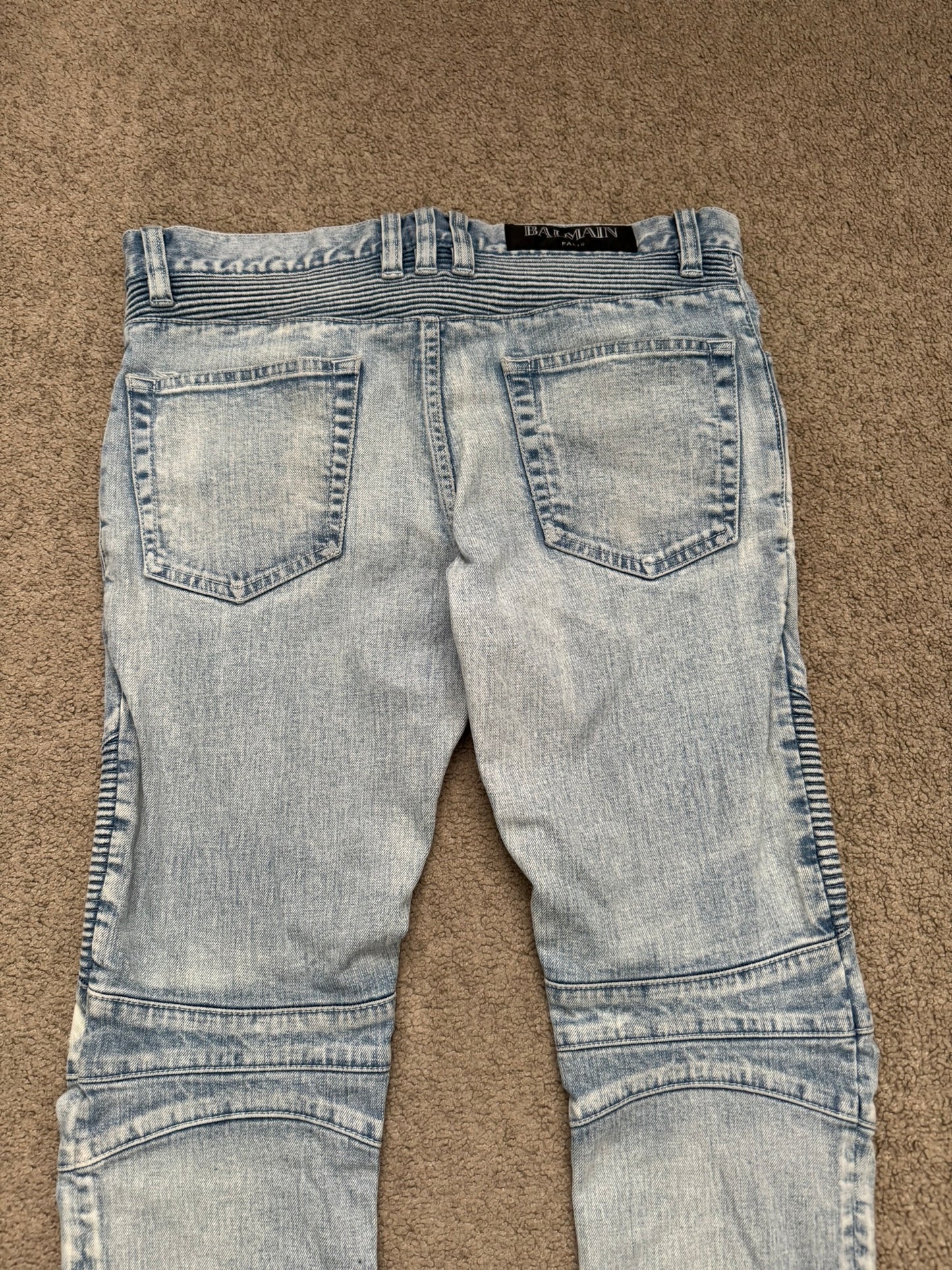 Balmain by Olivier Rousteing Ice Blue Zip Biker Denim Jeans