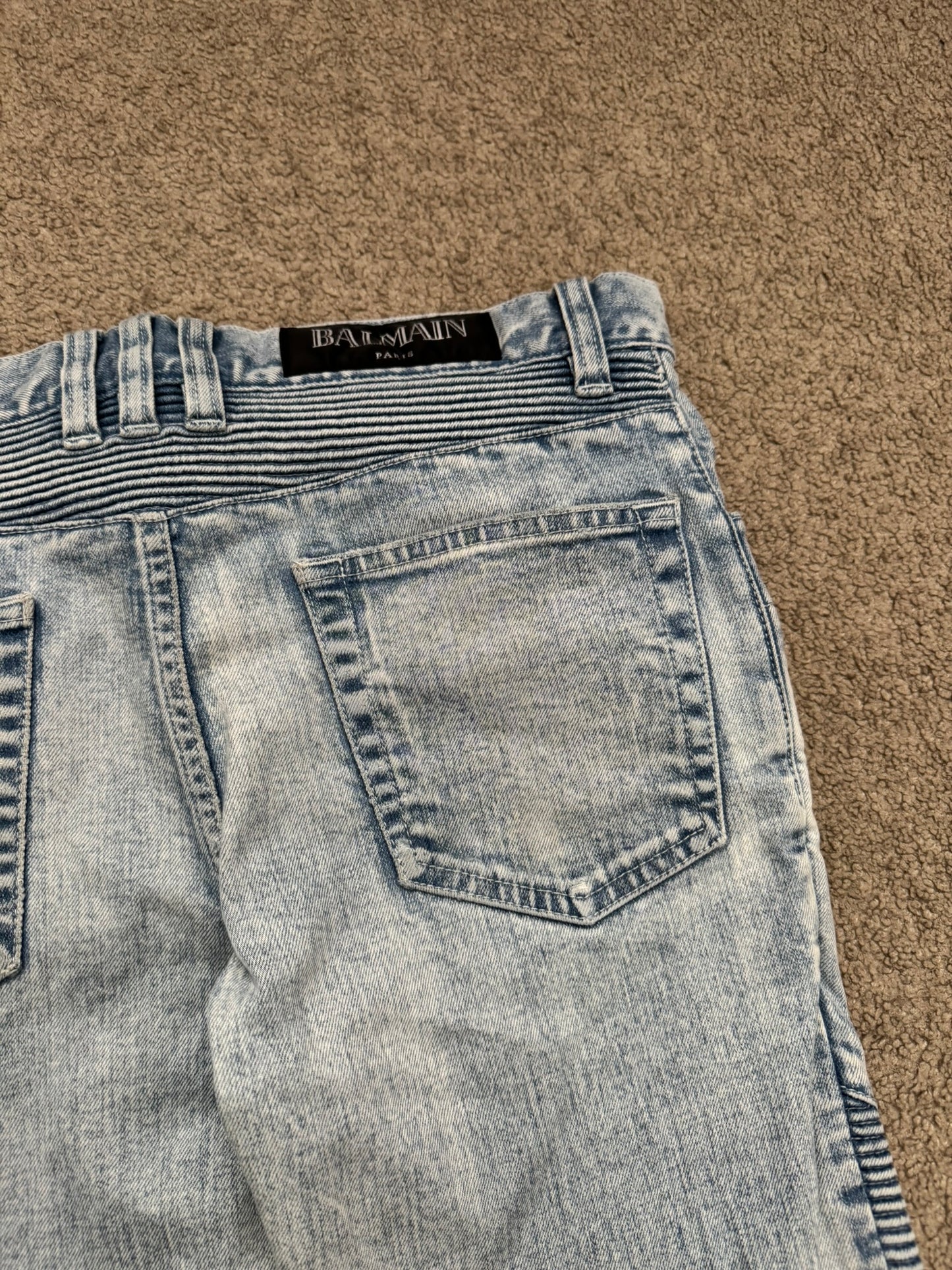 Balmain by Olivier Rousteing Ice Blue Zip Biker Denim Jeans