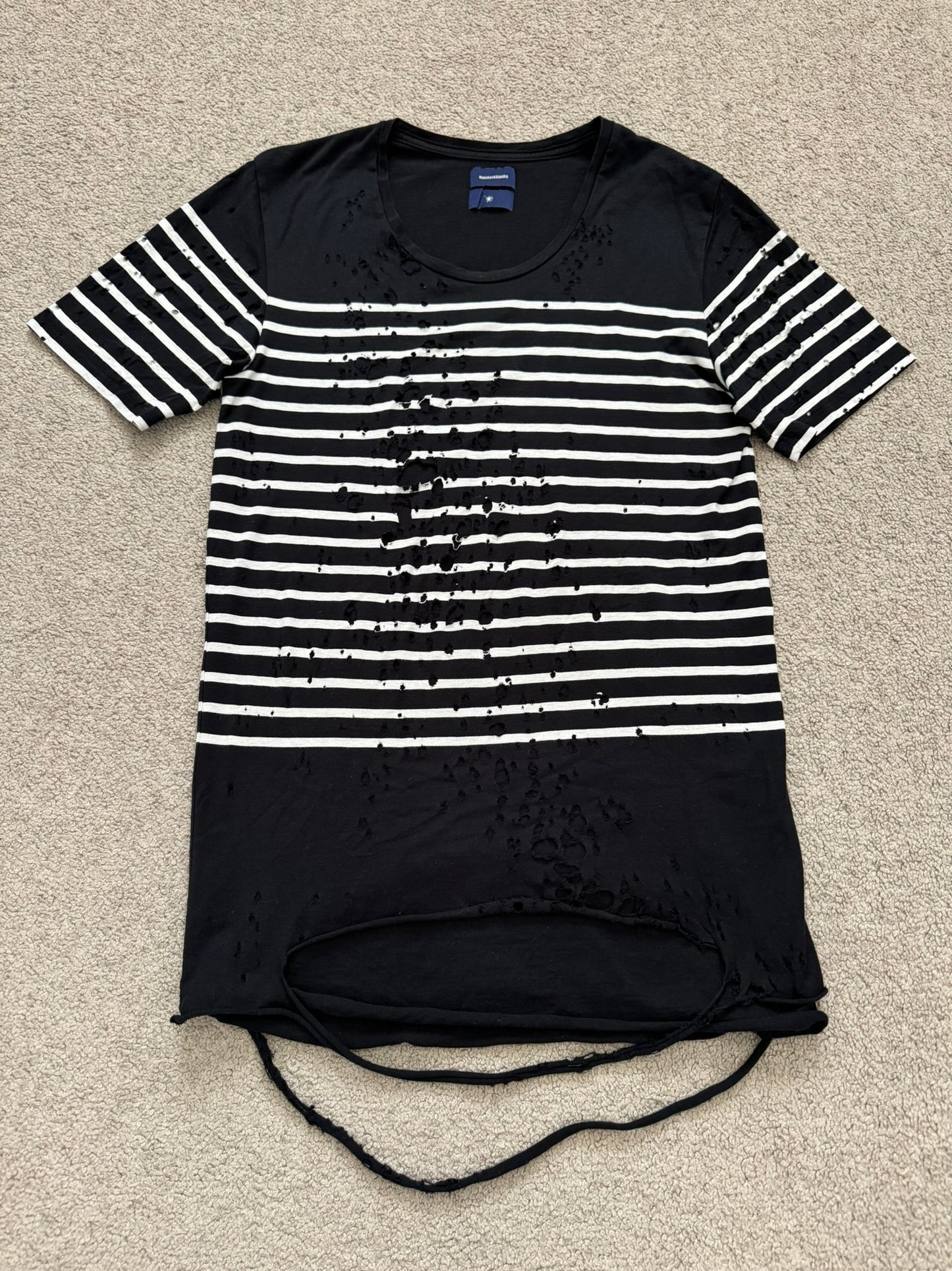 Mihara Yasuhiro Black/White Distressed Shotgun Striped T Shirt
