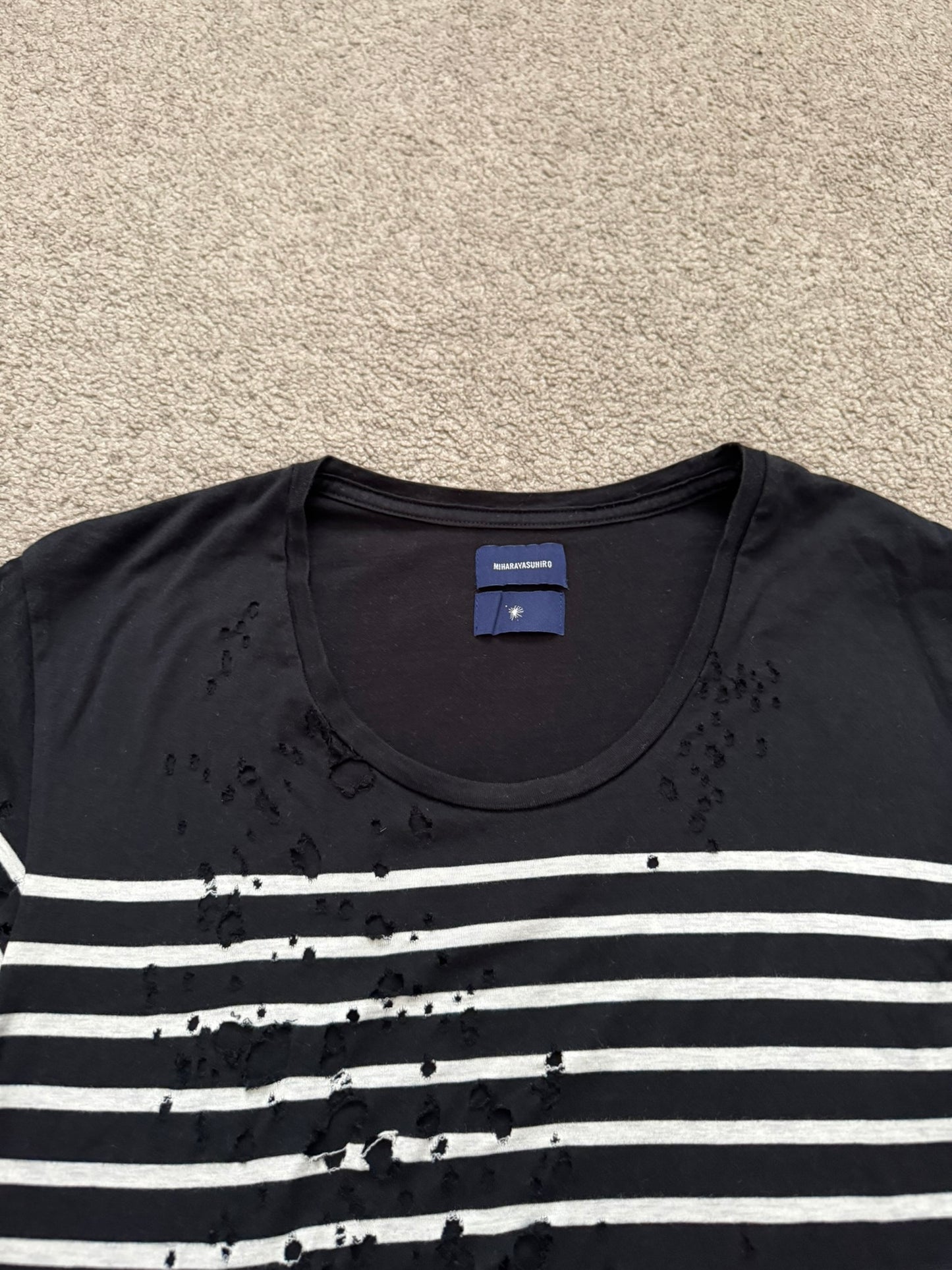 Mihara Yasuhiro Black/White Distressed Shotgun Striped T Shirt