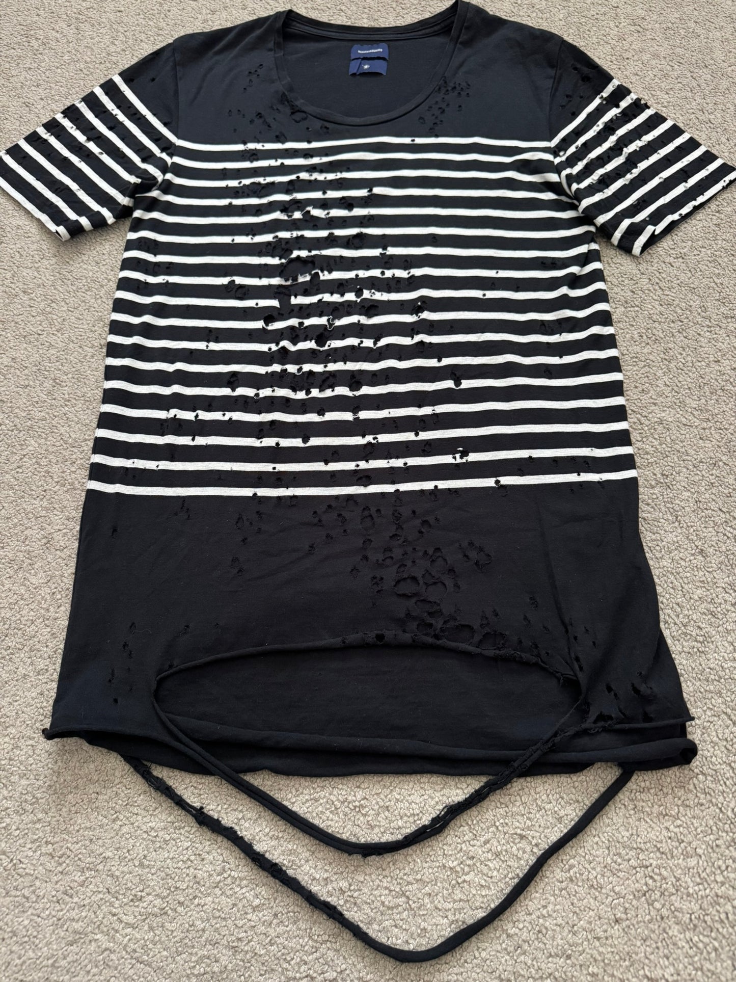 Mihara Yasuhiro Black/White Distressed Shotgun Striped T Shirt