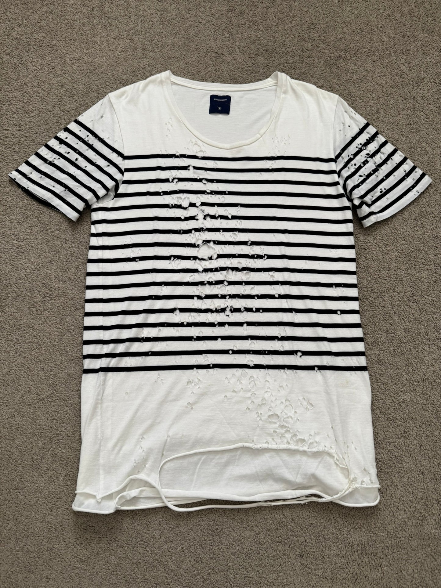 Mihara Yasuhiro White/Navy Distressed Shotgun Striped T Shirt