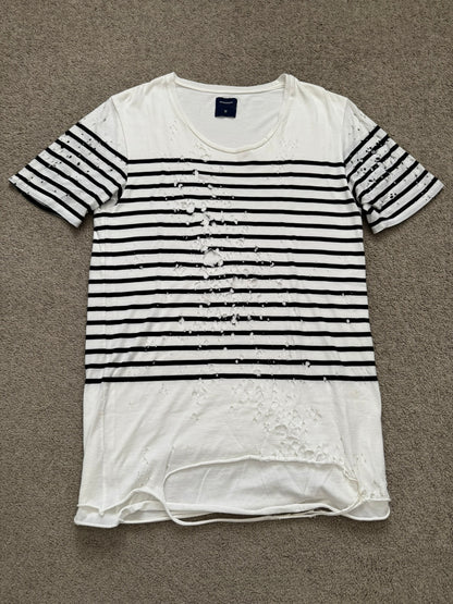 Mihara Yasuhiro White/Navy Distressed Shotgun Striped T Shirt