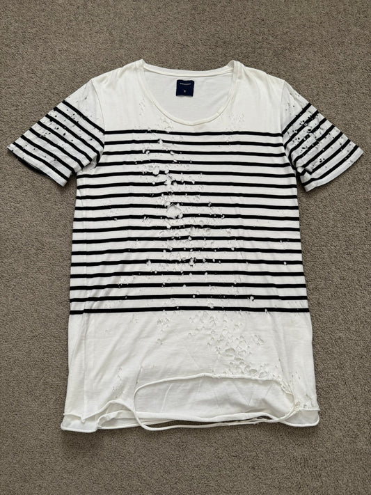 Mihara Yasuhiro White/Navy Distressed Shotgun Striped T Shirt