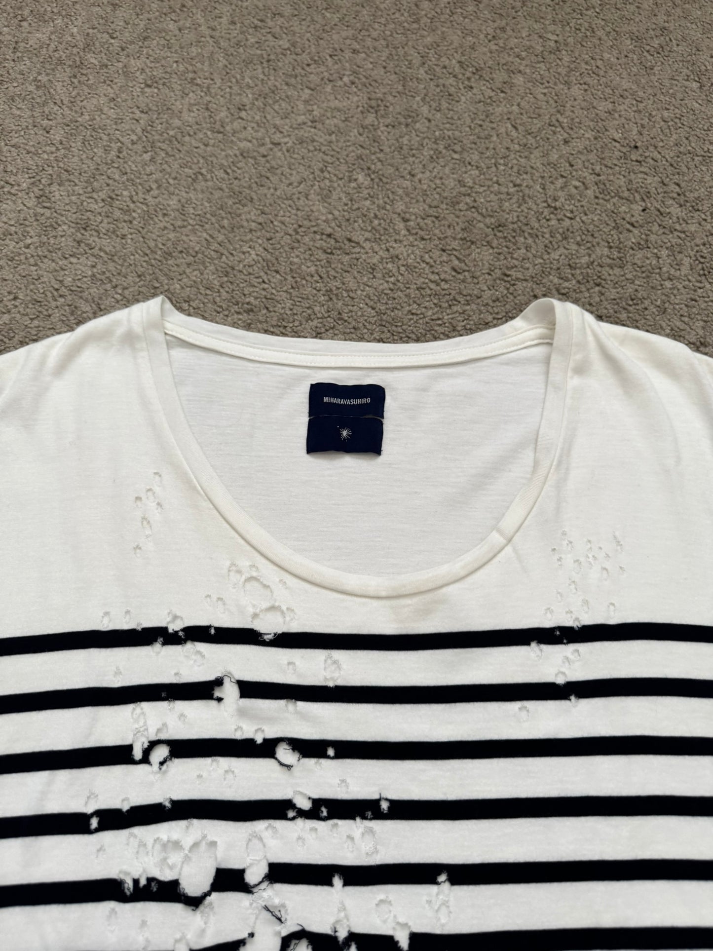 Mihara Yasuhiro White/Navy Distressed Shotgun Striped T Shirt