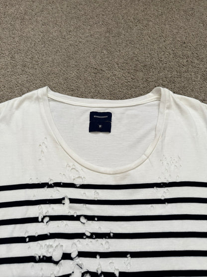 Mihara Yasuhiro White/Navy Distressed Shotgun Striped T Shirt