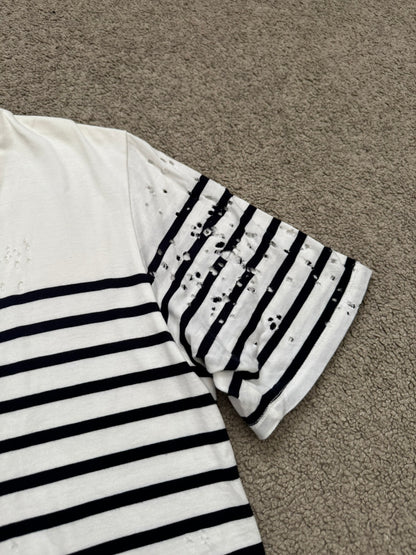 Mihara Yasuhiro White/Navy Distressed Shotgun Striped T Shirt