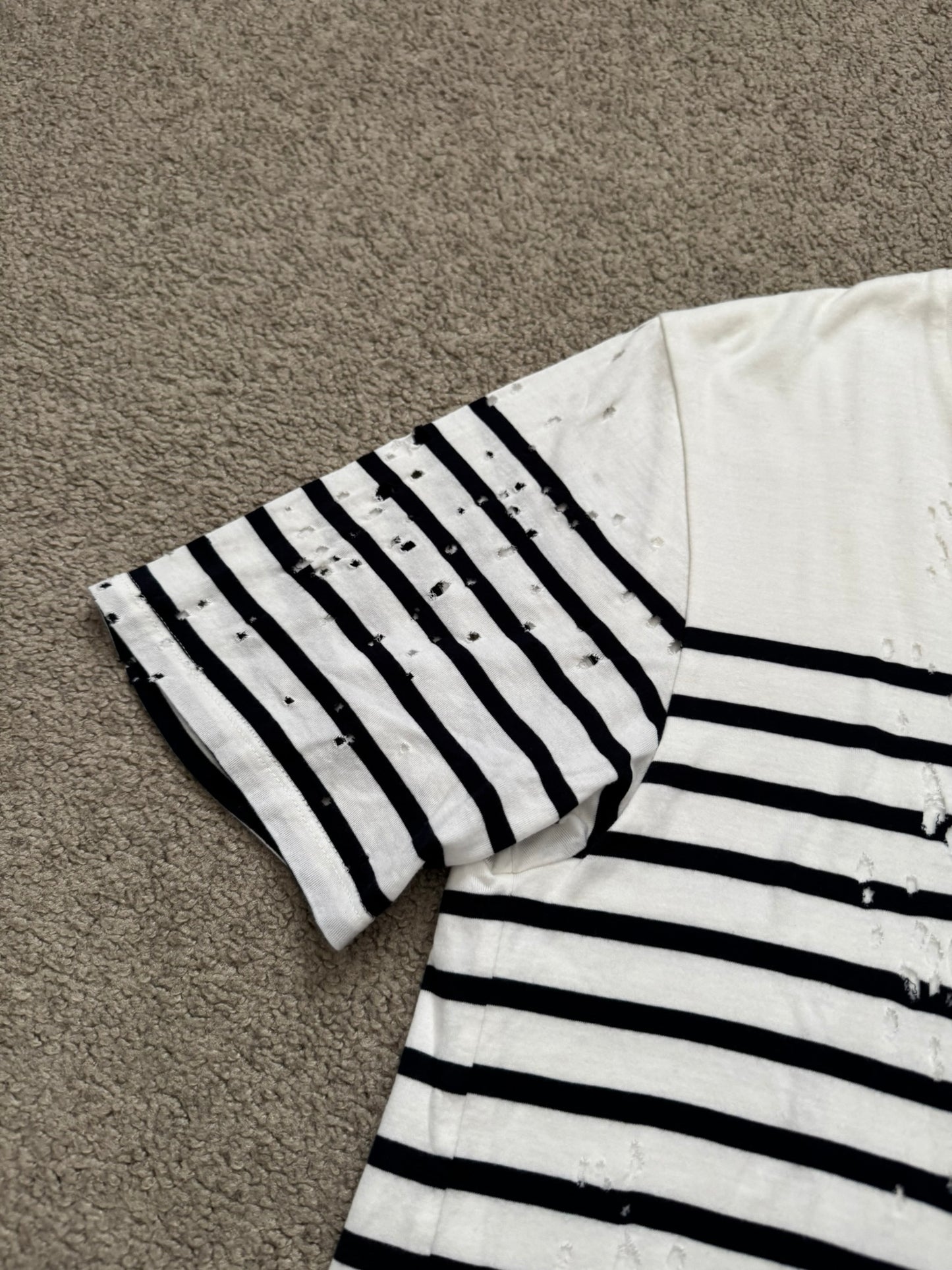 Mihara Yasuhiro White/Navy Distressed Shotgun Striped T Shirt
