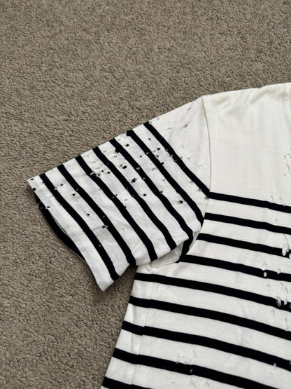 Mihara Yasuhiro White/Navy Distressed Shotgun Striped T Shirt
