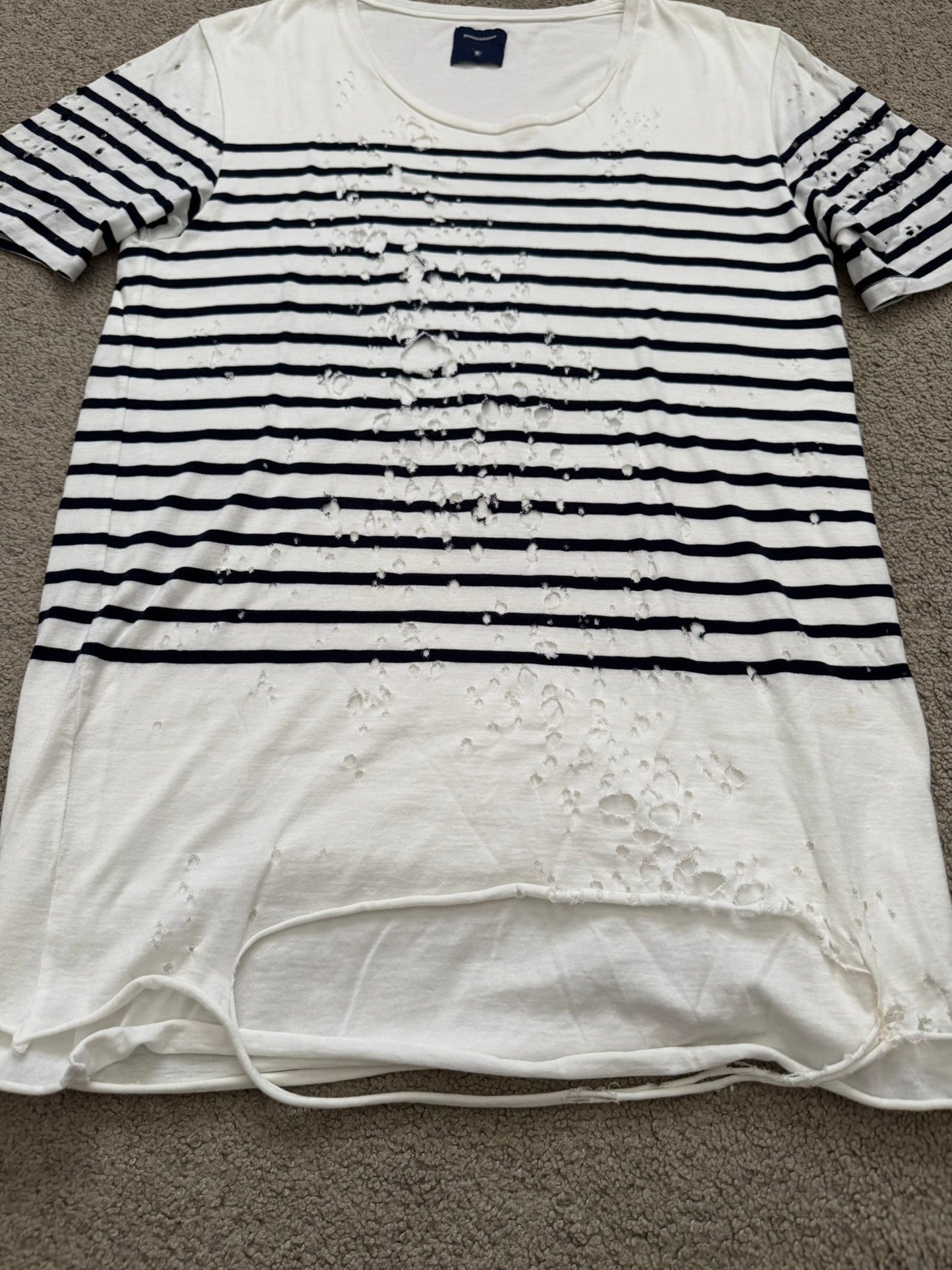 Mihara Yasuhiro White/Navy Distressed Shotgun Striped T Shirt