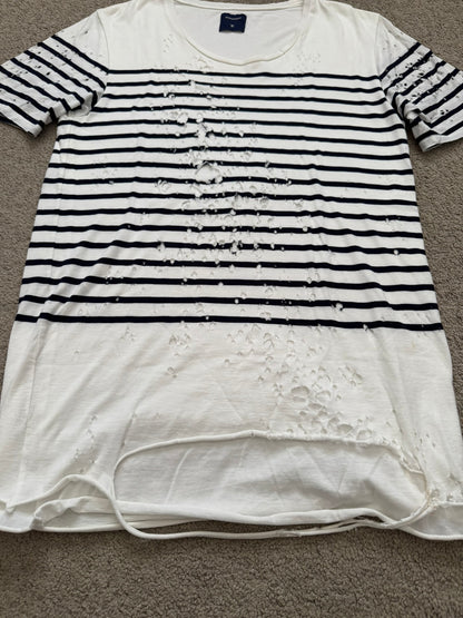 Mihara Yasuhiro White/Navy Distressed Shotgun Striped T Shirt