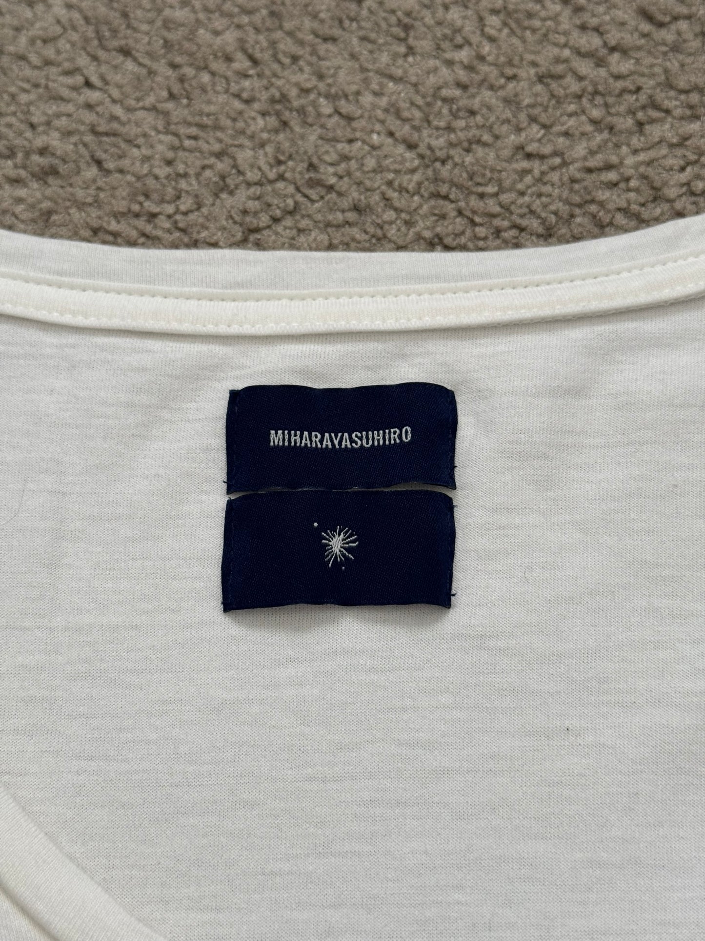 Mihara Yasuhiro White/Navy Distressed Shotgun Striped T Shirt