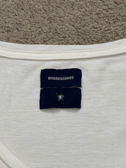 Mihara Yasuhiro White/Navy Distressed Shotgun Striped T Shirt