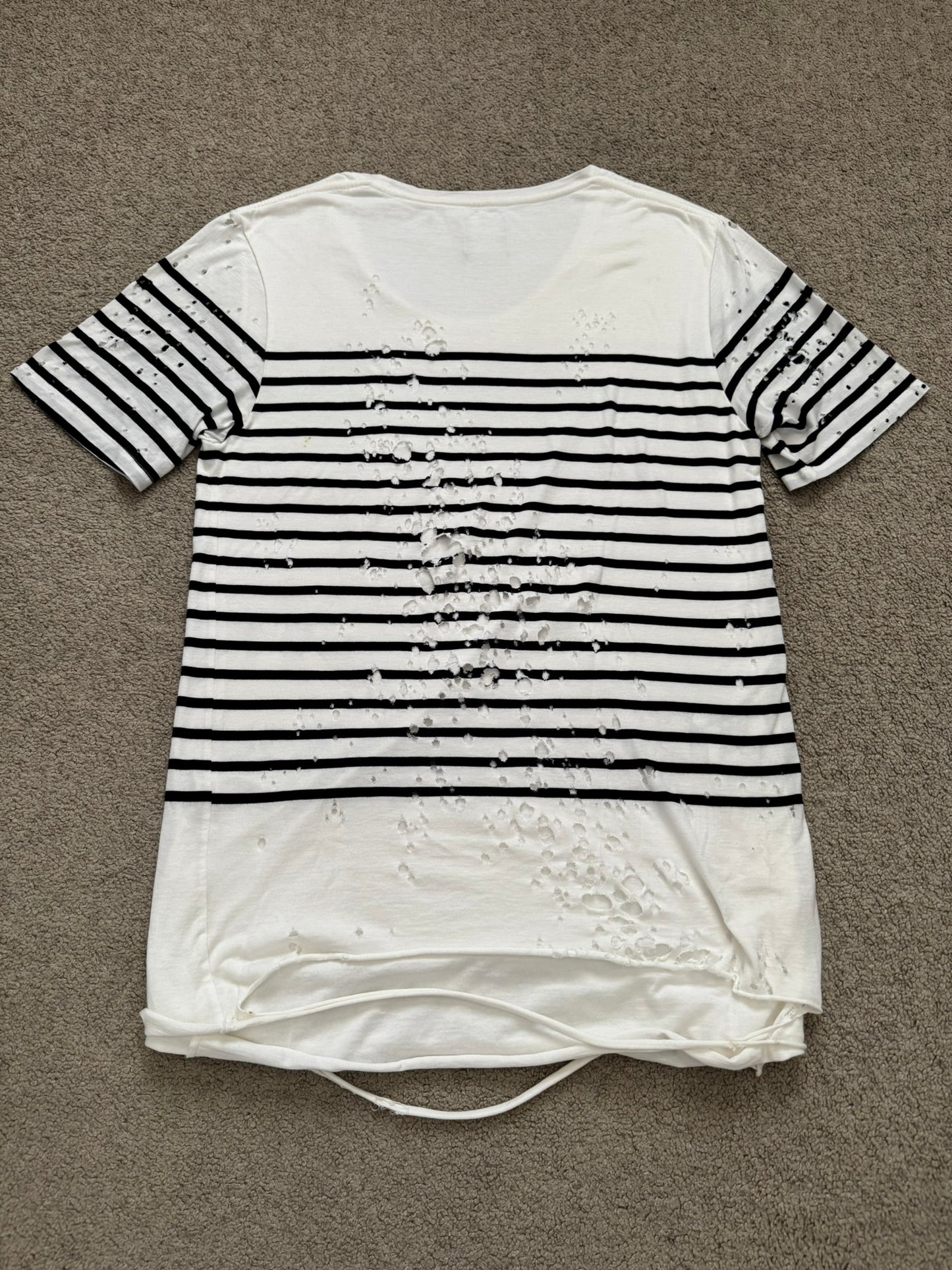 Mihara Yasuhiro White/Navy Distressed Shotgun Striped T Shirt