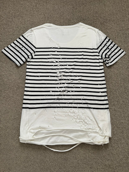 Mihara Yasuhiro White/Navy Distressed Shotgun Striped T Shirt