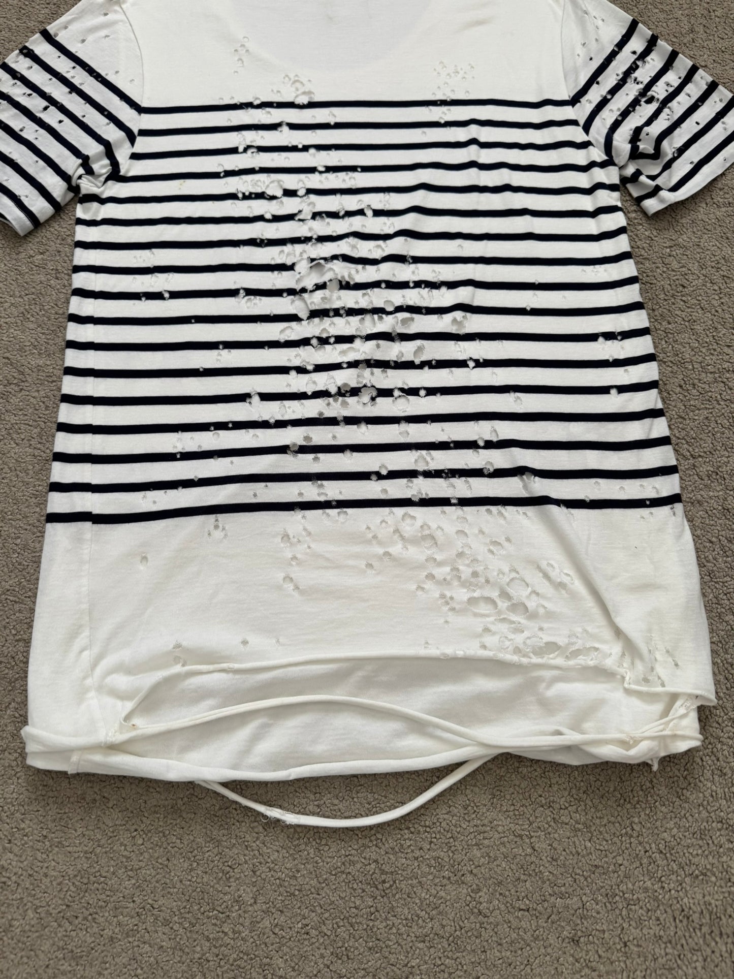 Mihara Yasuhiro White/Navy Distressed Shotgun Striped T Shirt