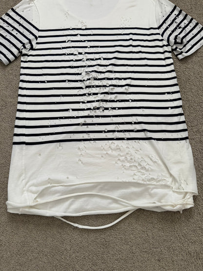 Mihara Yasuhiro White/Navy Distressed Shotgun Striped T Shirt