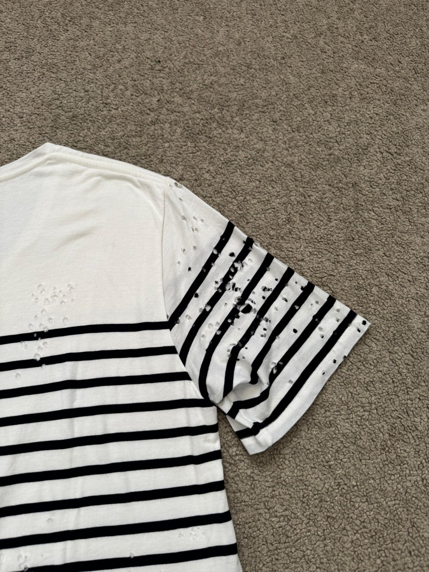 Mihara Yasuhiro White/Navy Distressed Shotgun Striped T Shirt