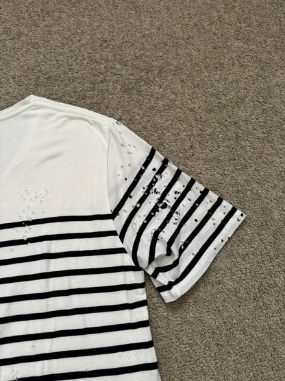 Mihara Yasuhiro White/Navy Distressed Shotgun Striped T Shirt
