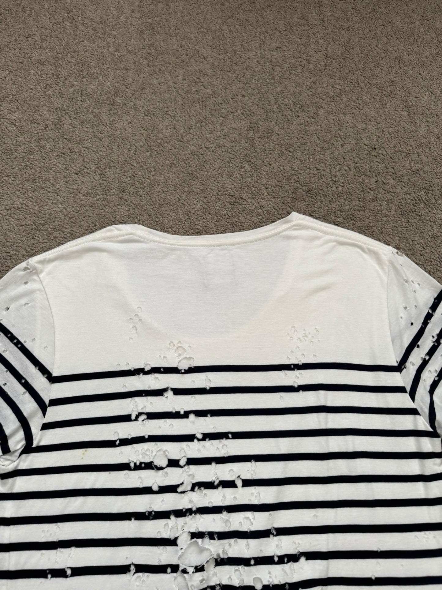 Mihara Yasuhiro White/Navy Distressed Shotgun Striped T Shirt