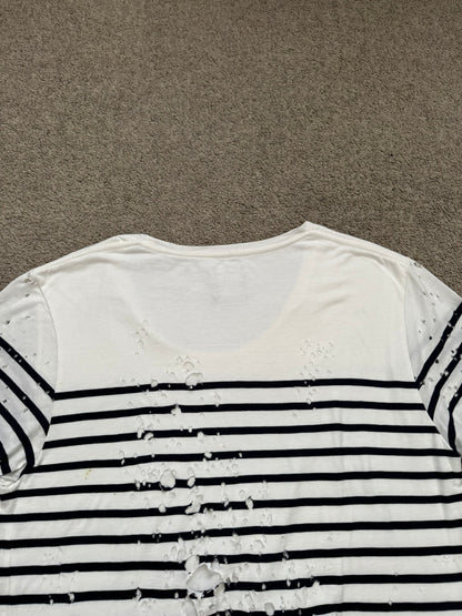 Mihara Yasuhiro White/Navy Distressed Shotgun Striped T Shirt