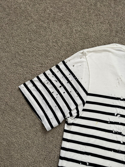 Mihara Yasuhiro White/Navy Distressed Shotgun Striped T Shirt