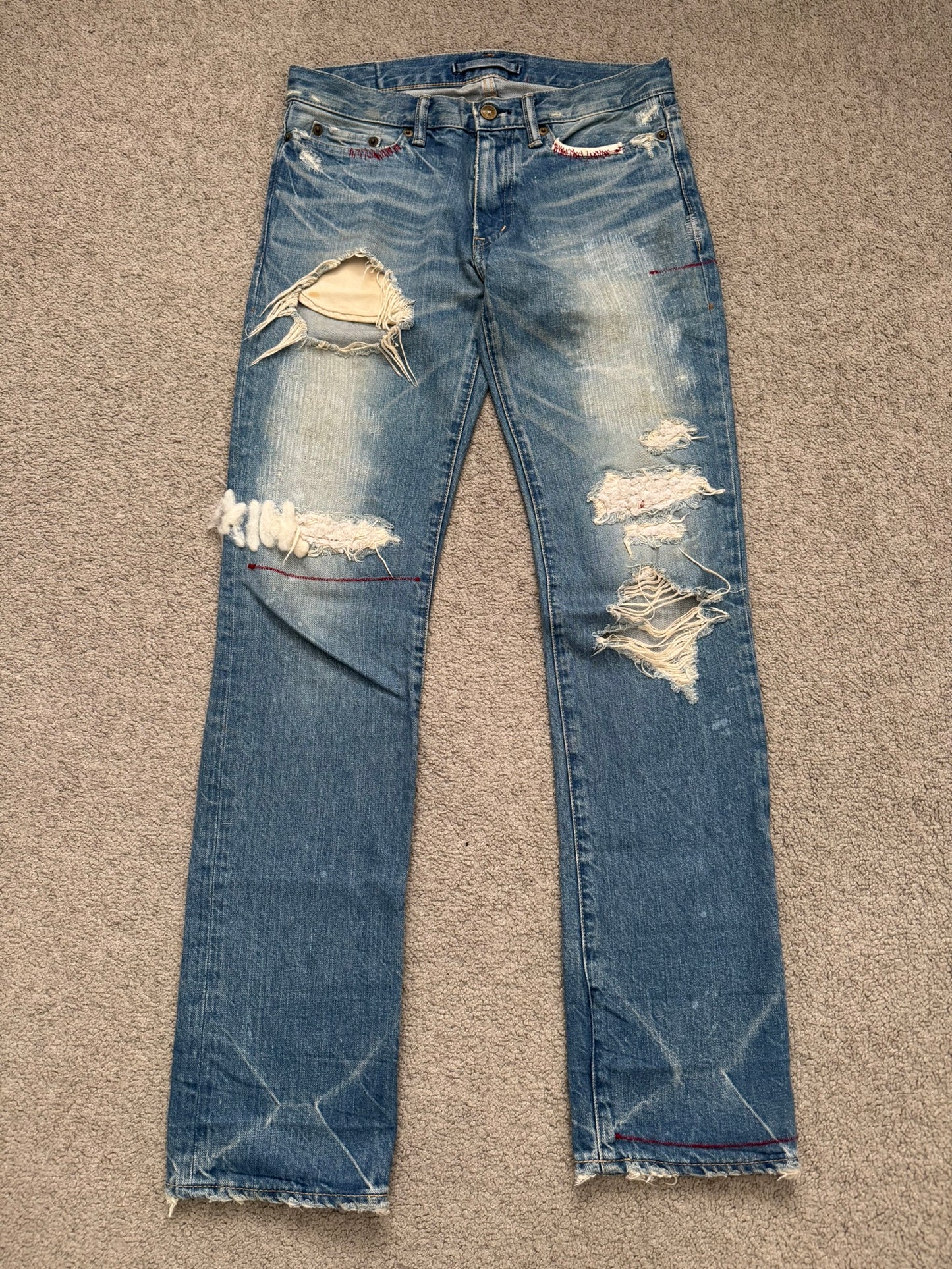 Mihara Yasuhiro Distressed Crash Red Stitch Denim Jeans