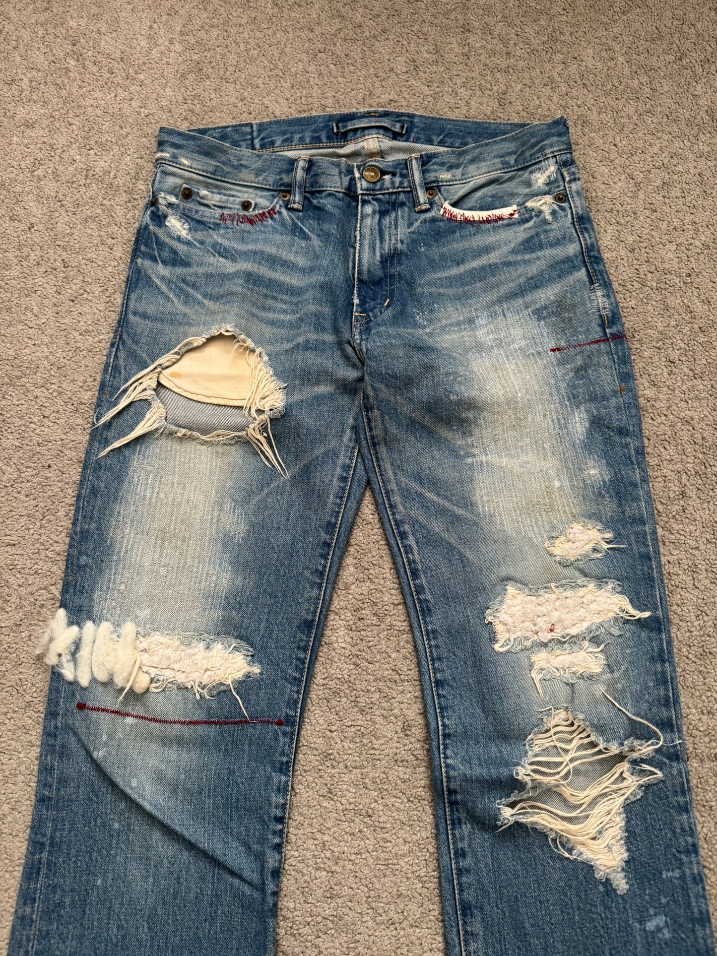 Mihara Yasuhiro Distressed Crash Red Stitch Denim Jeans