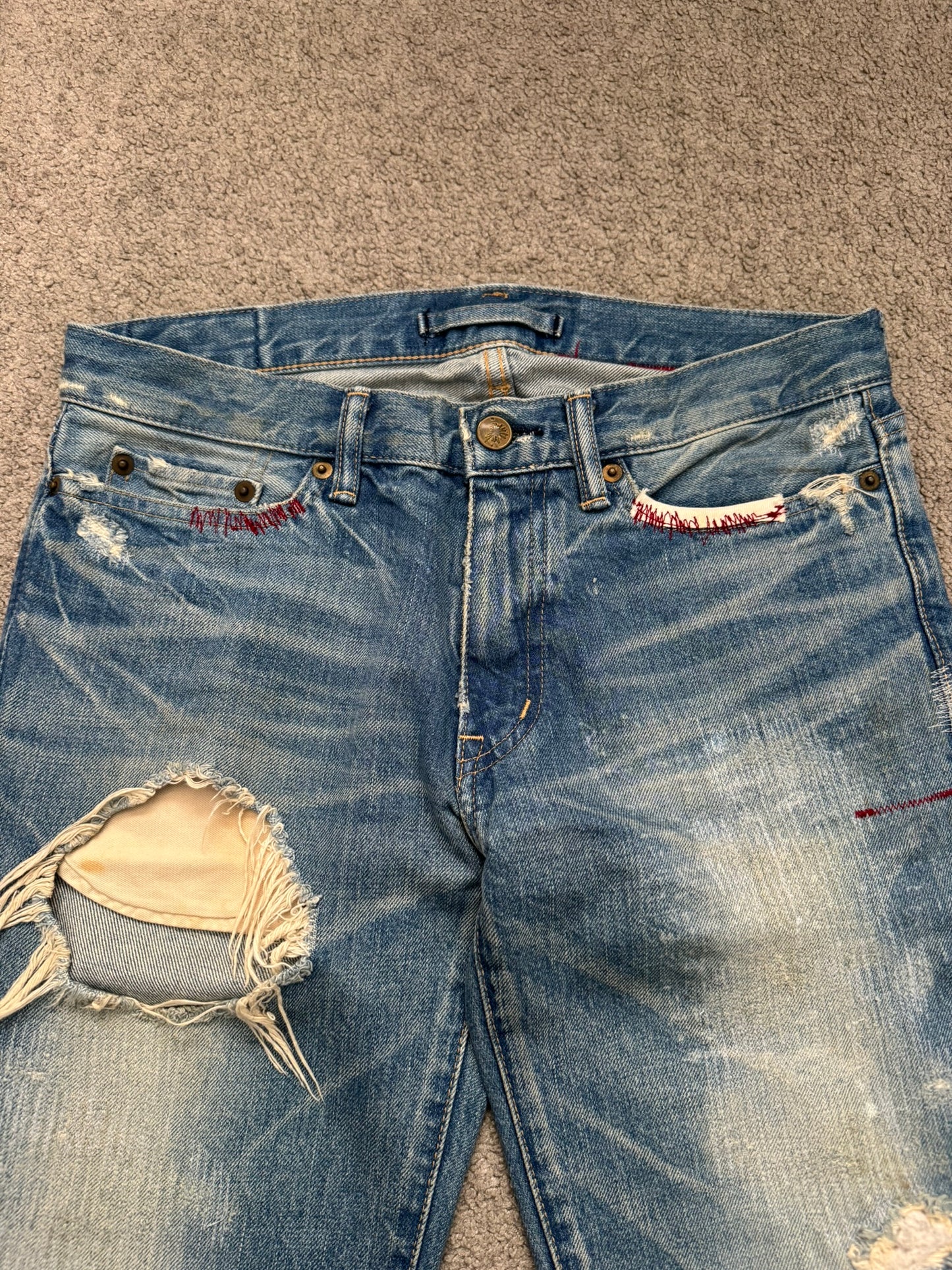 Mihara Yasuhiro Distressed Crash Red Stitch Denim Jeans