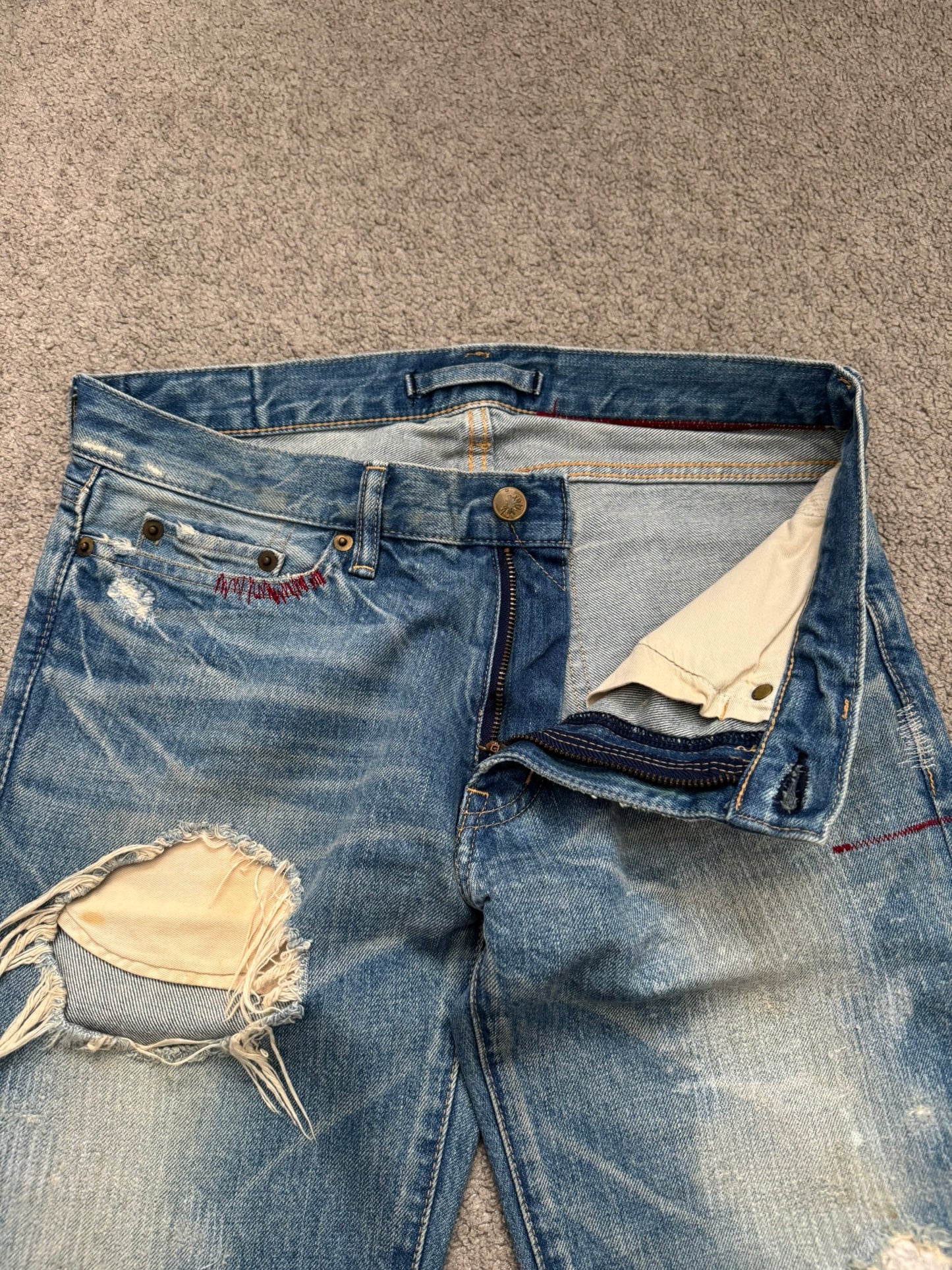 Mihara Yasuhiro Distressed Crash Red Stitch Denim Jeans