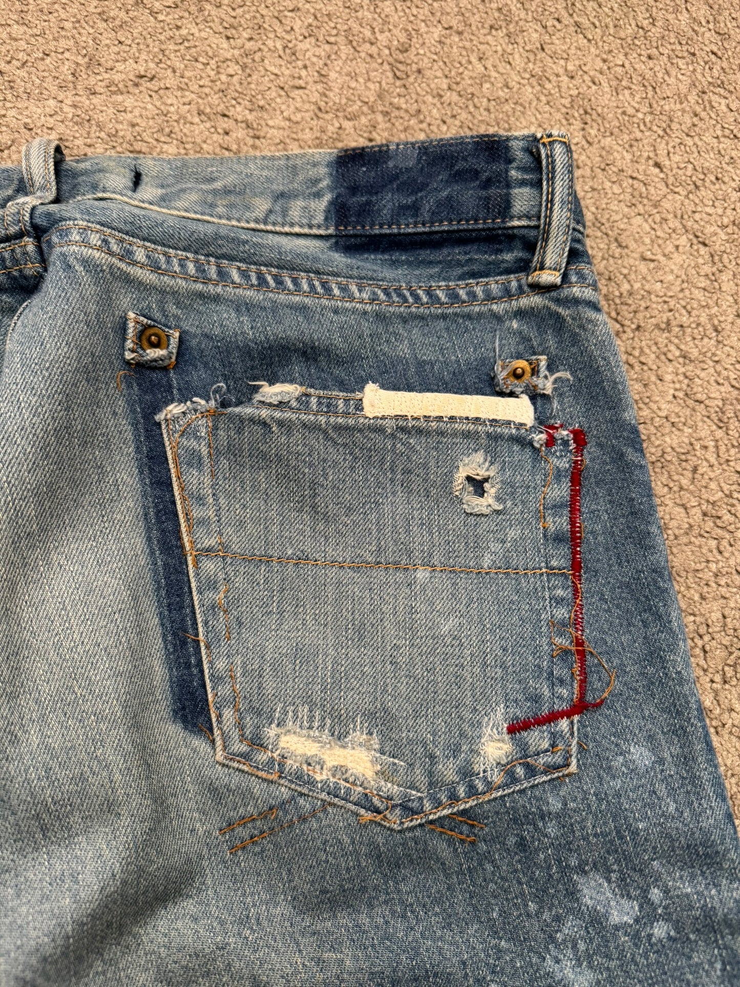 Mihara Yasuhiro Distressed Crash Red Stitch Denim Jeans