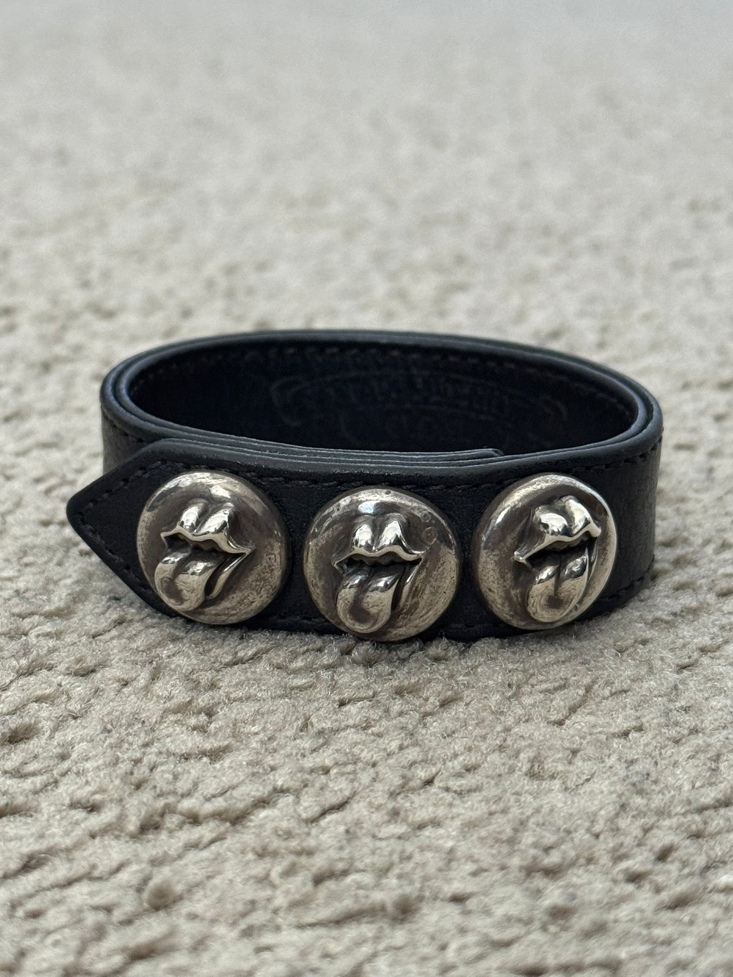 Chrome Hearts 3 Silver Rolling Stones Snap Button Leather Bracelet