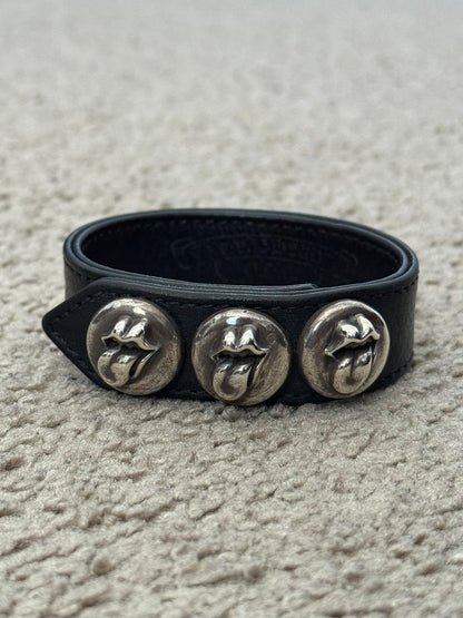 Chrome Hearts 3 Silver Rolling Stones Snap Button Leather Bracelet