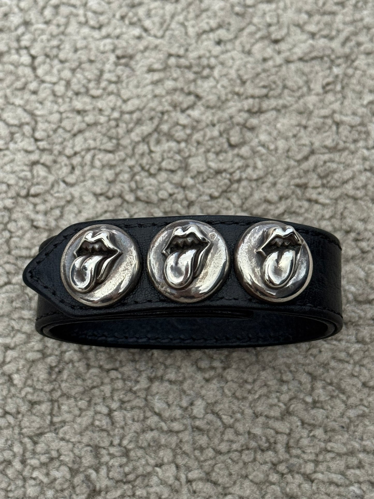 Chrome Hearts 3 Silver Rolling Stones Snap Button Leather Bracelet
