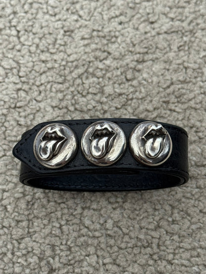 Chrome Hearts 3 Silver Rolling Stones Snap Button Leather Bracelet