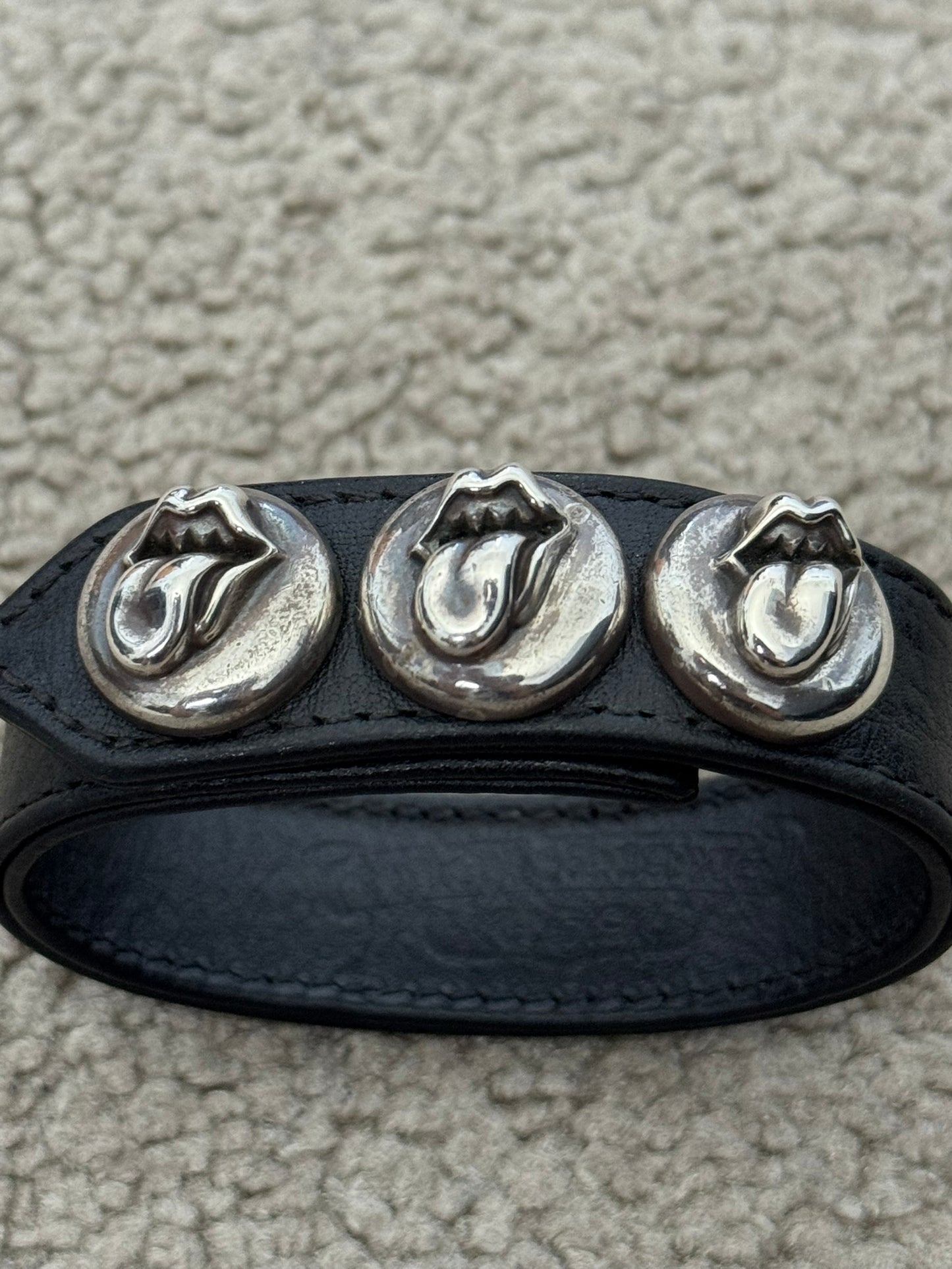 Chrome Hearts 3 Silver Rolling Stones Snap Button Leather Bracelet