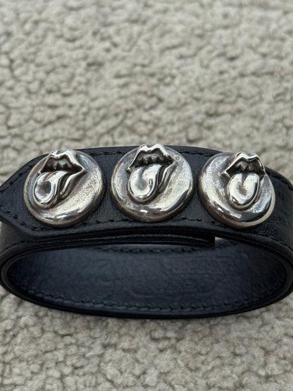 Chrome Hearts 3 Silver Rolling Stones Snap Button Leather Bracelet