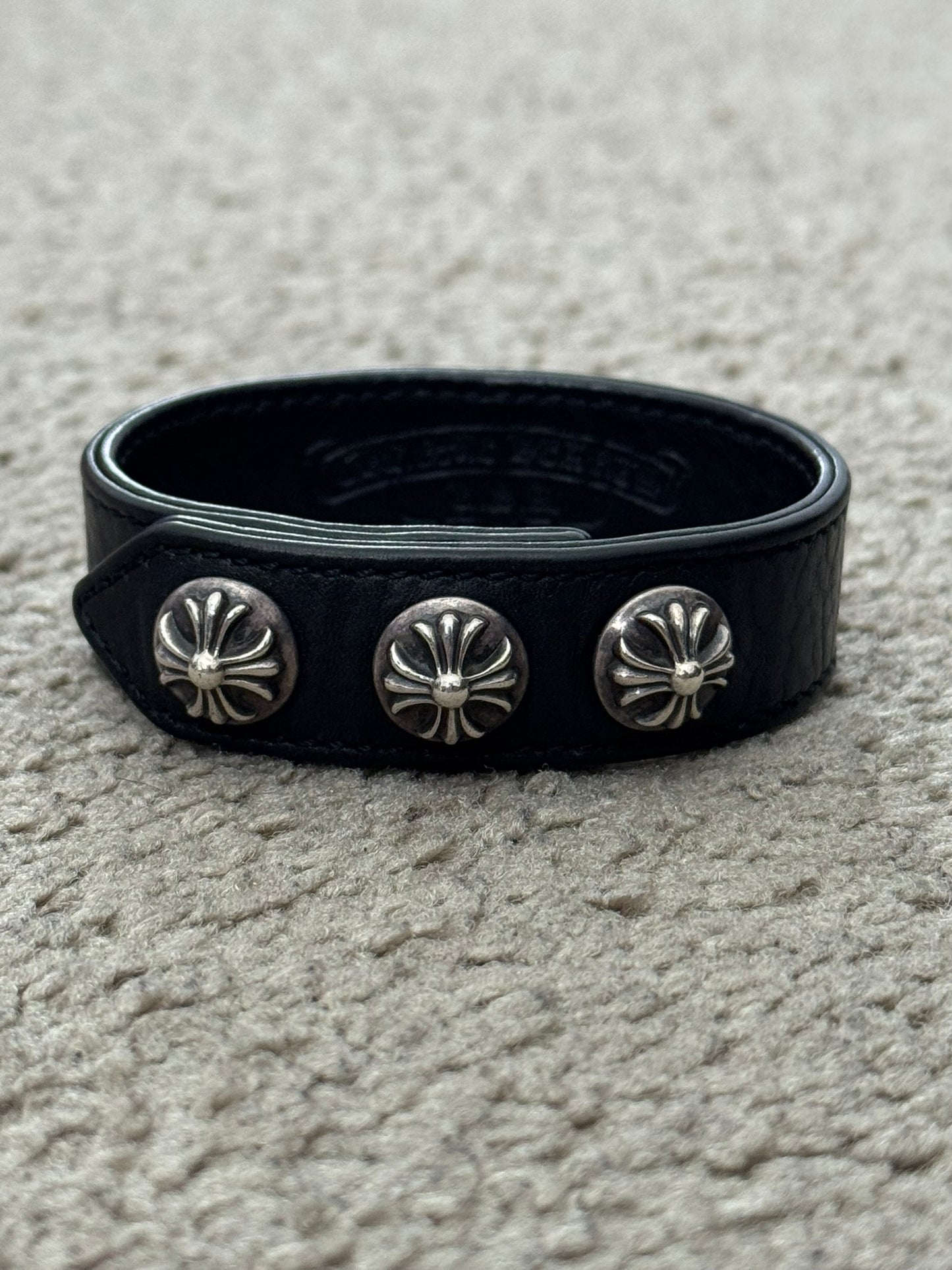 Chrome Hearts 3 Silver Cross Snap Button Leather Bracelet