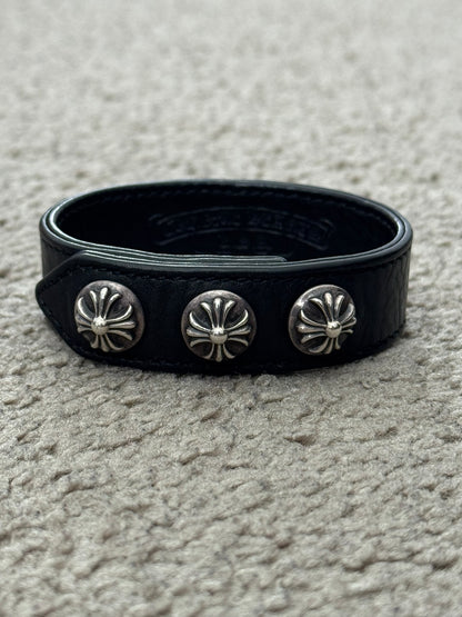 Chrome Hearts 3 Silver Cross Snap Button Leather Bracelet