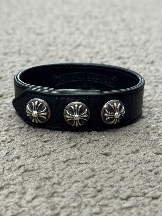 Chrome Hearts 3 Silver Cross Snap Button Leather Bracelet
