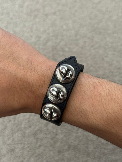 Chrome Hearts 3 Silver Rolling Stones Snap Button Leather Bracelet