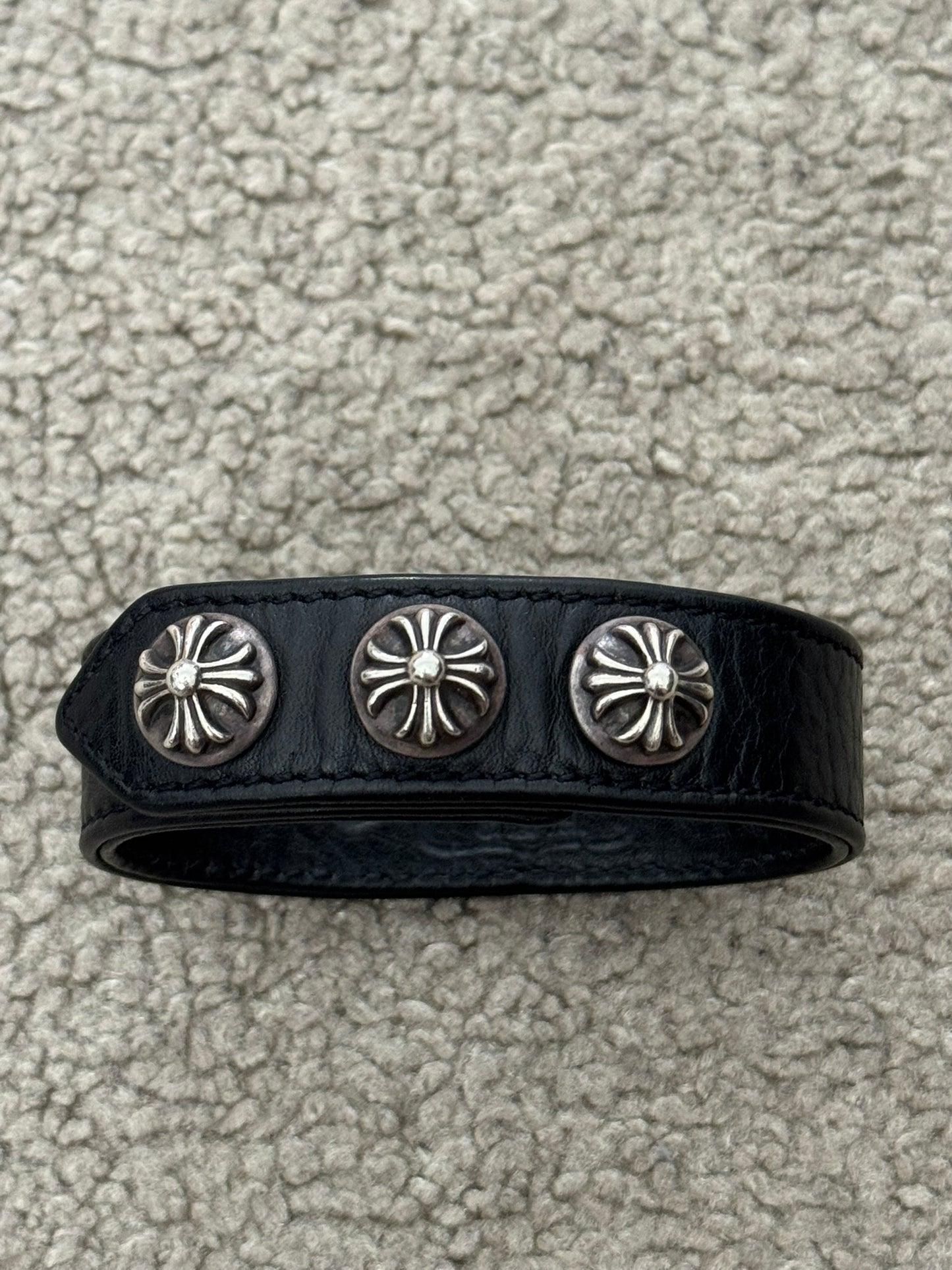Chrome Hearts 3 Silver Cross Snap Button Leather Bracelet
