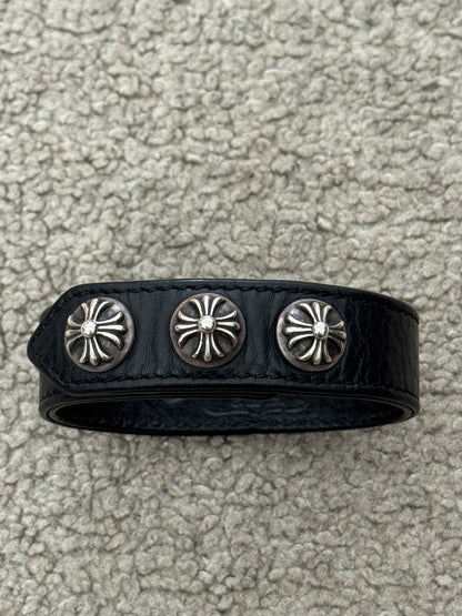 Chrome Hearts 3 Silver Cross Snap Button Leather Bracelet