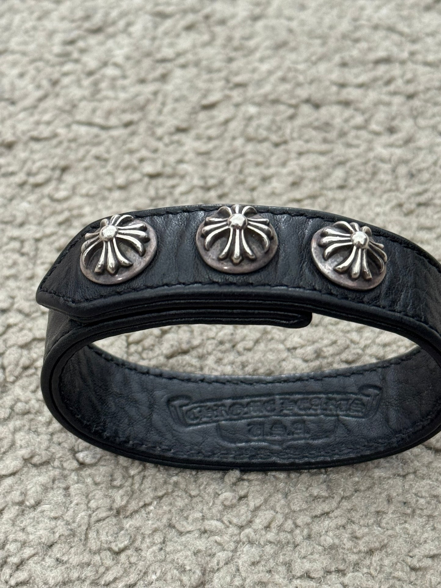 Chrome Hearts 3 Silver Cross Snap Button Leather Bracelet