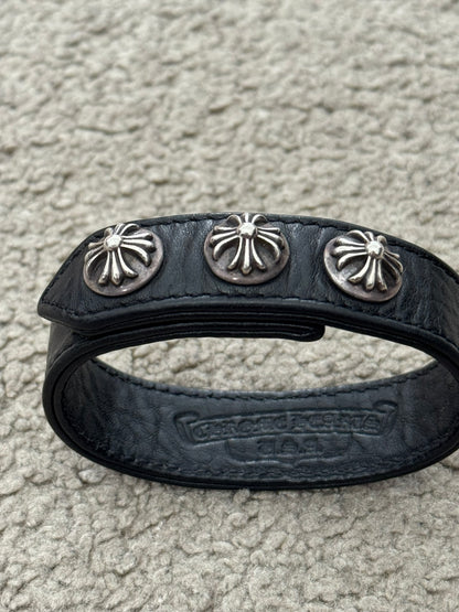 Chrome Hearts 3 Silver Cross Snap Button Leather Bracelet