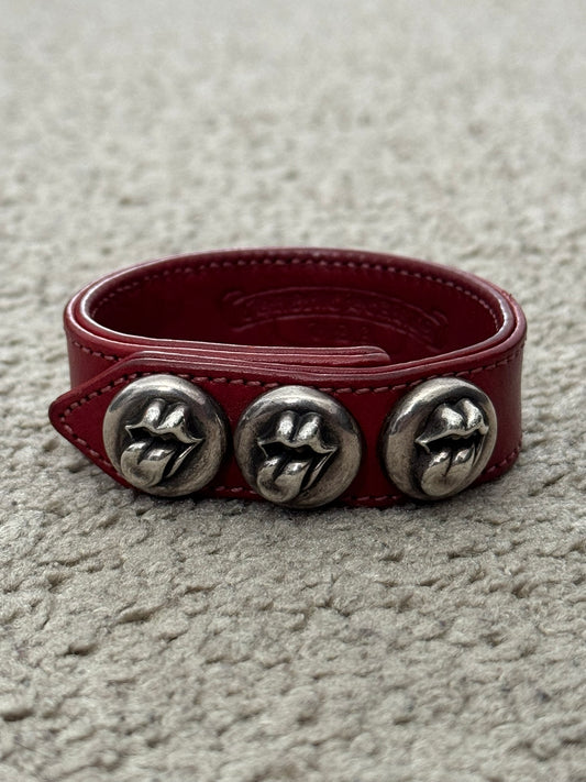 Chrome Hearts 3 Silver Rolling Stones Snap Button Leather Bracelet