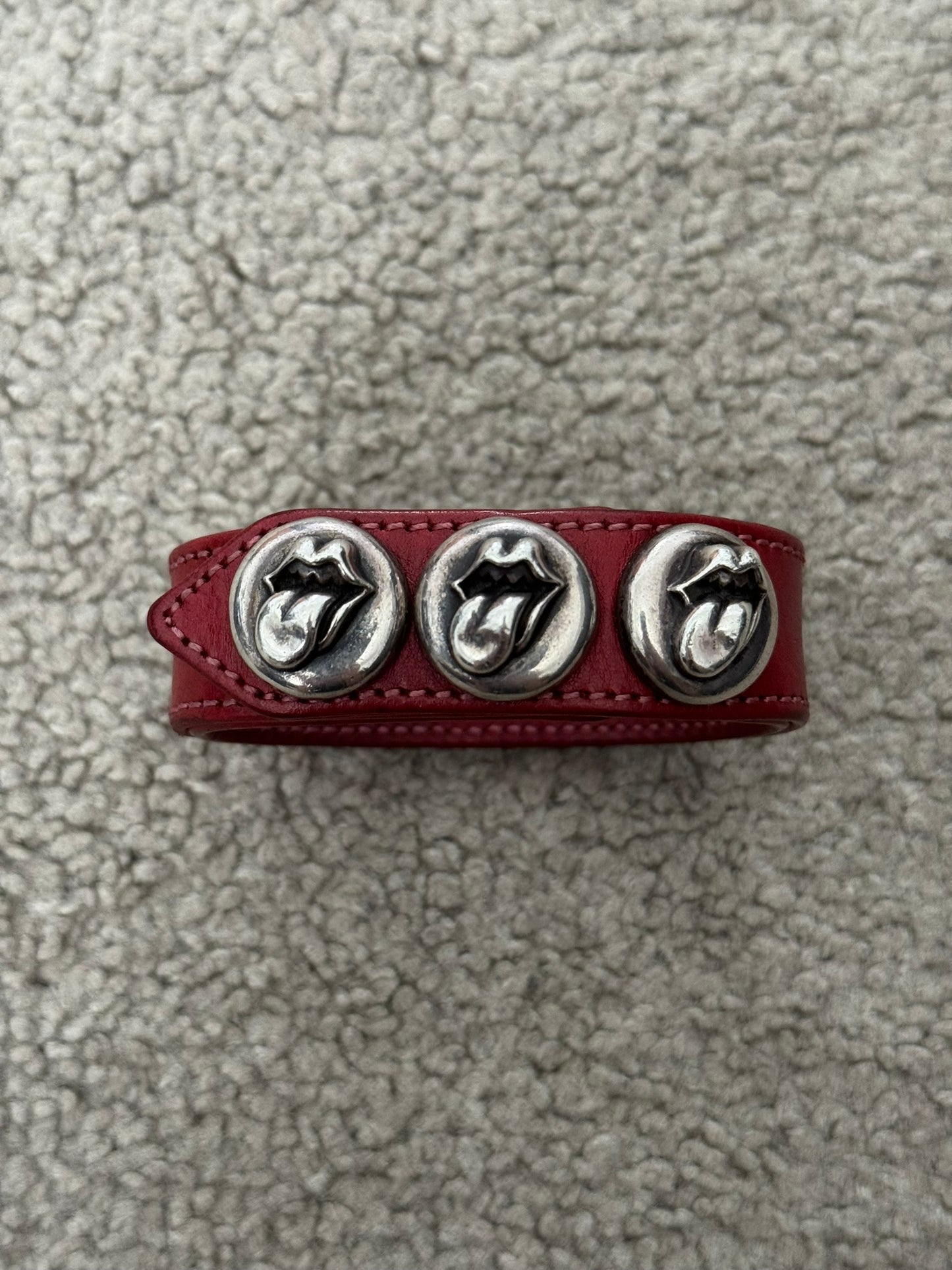 Chrome Hearts 3 Silver Rolling Stones Snap Button Leather Bracelet