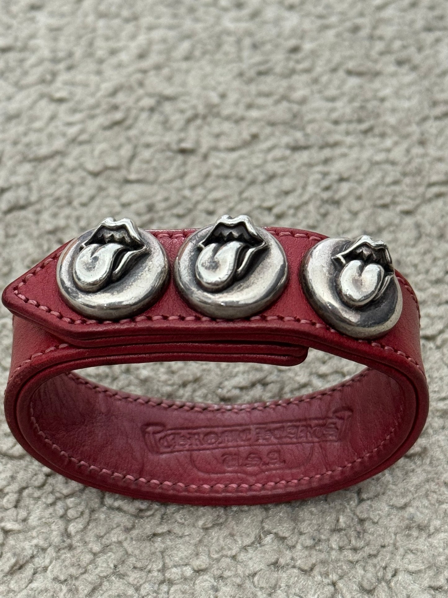 Chrome Hearts 3 Silver Rolling Stones Snap Button Leather Bracelet